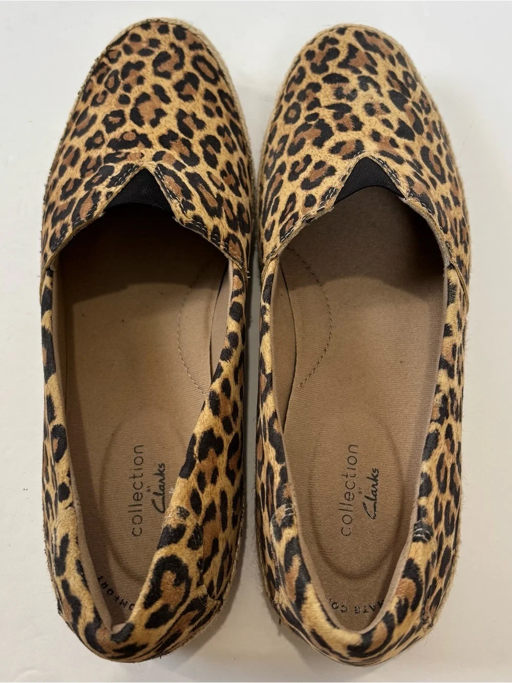 CLARKS Tan Leopard Print Suede Danelly Sky Espadrille Perforated Slip On Flats